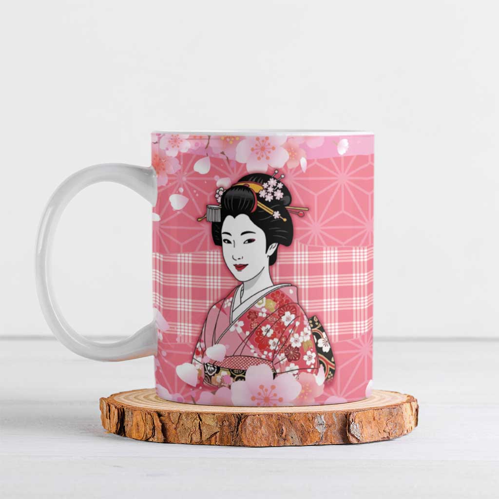 Japanese Geisha Cherry Blossom Ceramic Mug Pink Palaka Hawaii Pattern Fusion Design