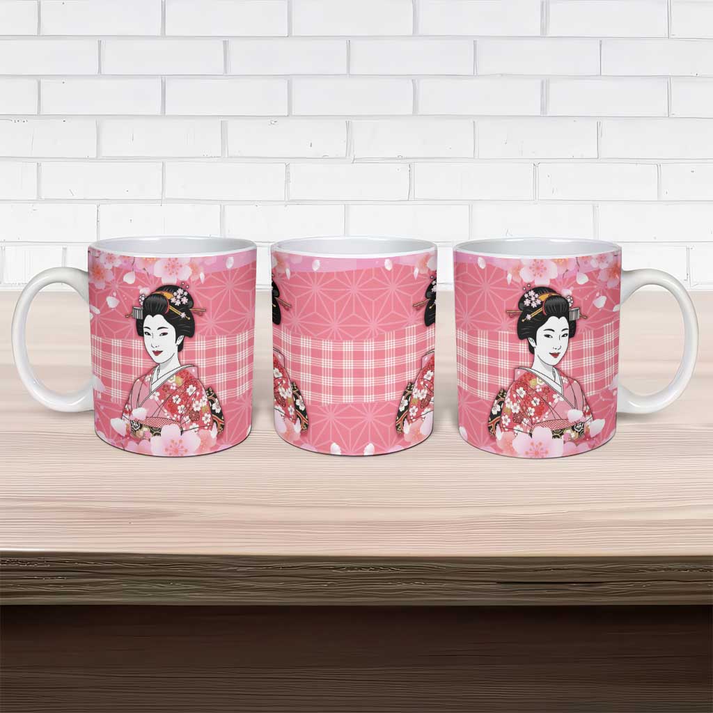 Japanese Geisha Cherry Blossom Ceramic Mug Pink Palaka Hawaii Pattern Fusion Design