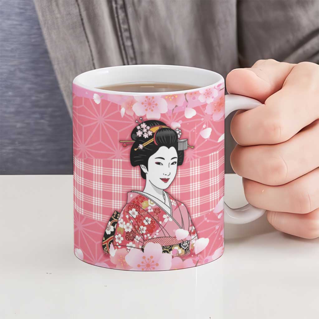 Japanese Geisha Cherry Blossom Ceramic Mug Pink Palaka Hawaii Pattern Fusion Design