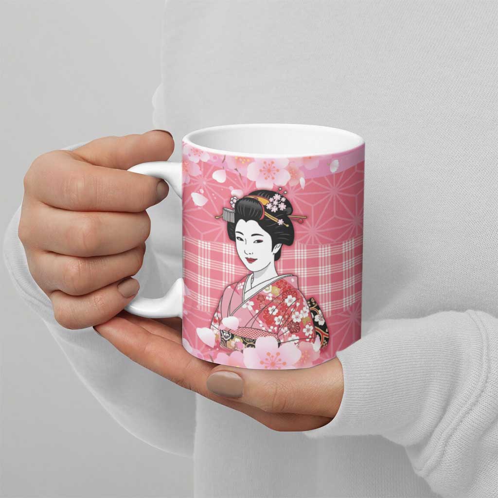 Japanese Geisha Cherry Blossom Ceramic Mug Pink Palaka Hawaii Pattern Fusion Design