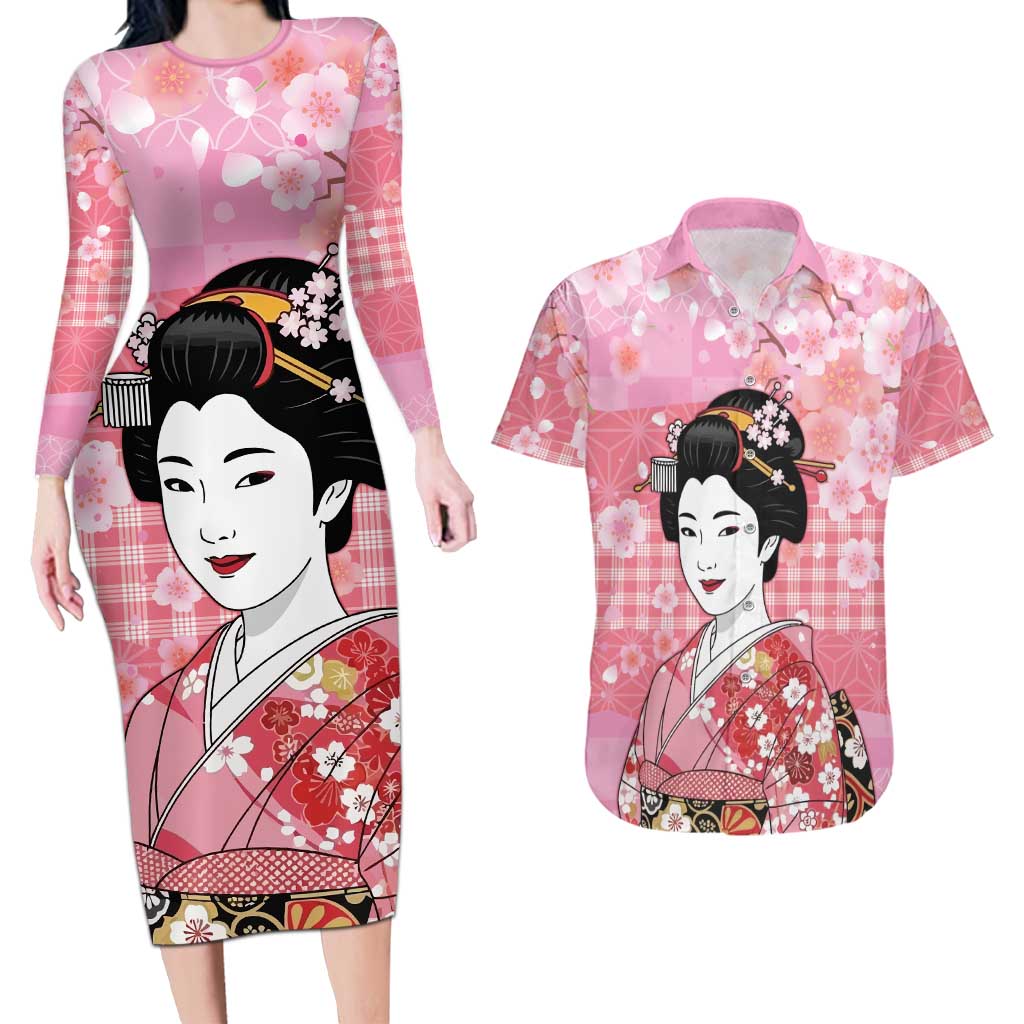 Japanese Geisha Cherry Blossom Couples Matching Long Sleeve Bodycon Dress and Hawaiian Shirt Pink Palaka Hawaii Pattern Fusion Design