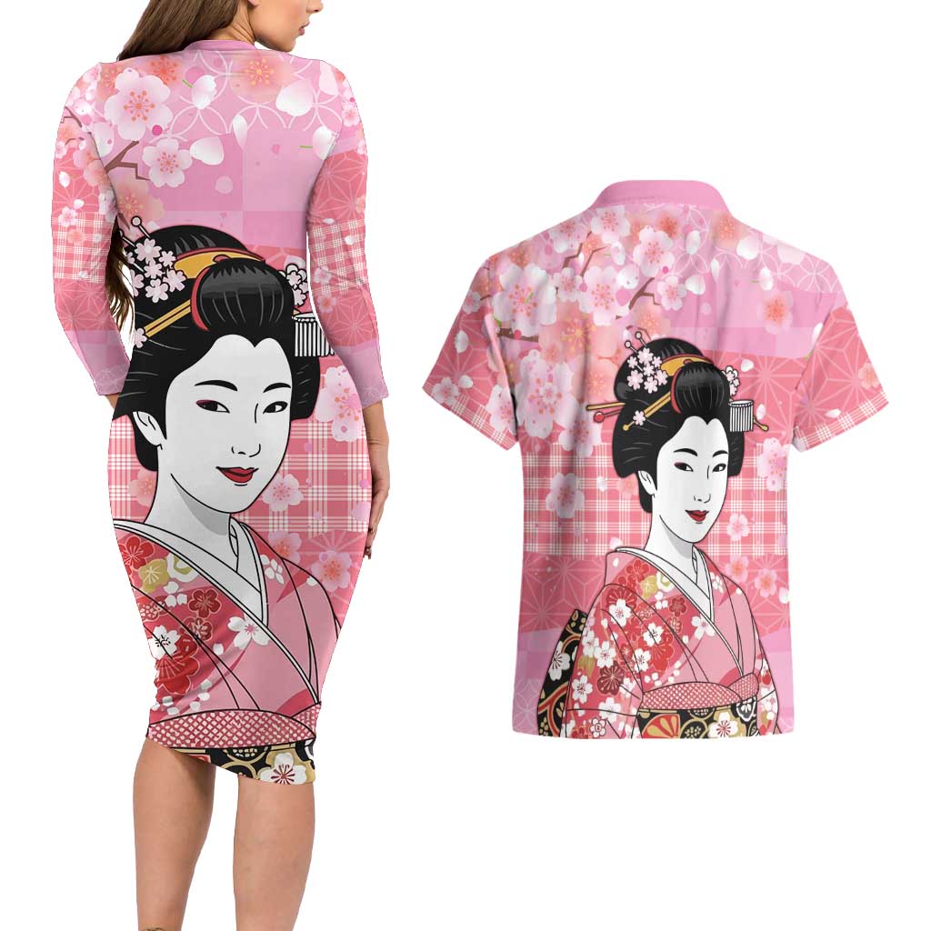 Japanese Geisha Cherry Blossom Couples Matching Long Sleeve Bodycon Dress and Hawaiian Shirt Pink Palaka Hawaii Pattern Fusion Design