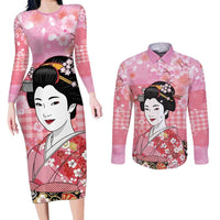Japanese Geisha Cherry Blossom Couples Matching Long Sleeve Bodycon Dress and Long Sleeve Button Shirt Pink Palaka Hawaii Pattern Fusion Design LT19 Pink - Polynesian Pride