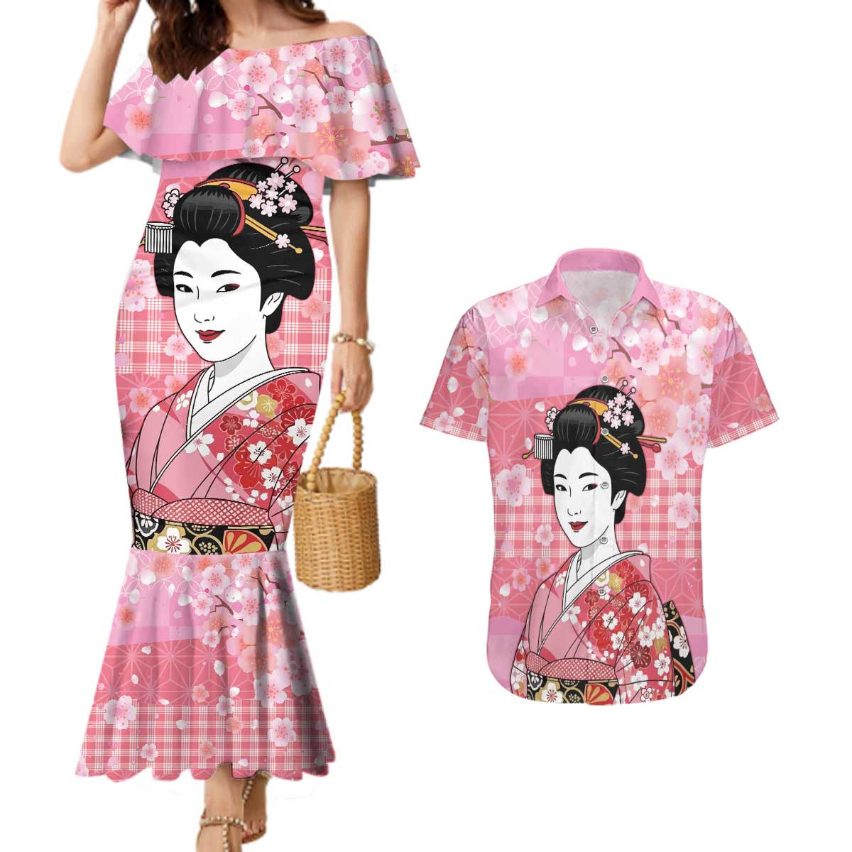 Japanese Geisha Cherry Blossom Couples Matching Mermaid Dress and Hawaiian Shirt Pink Palaka Hawaii Pattern Fusion Design