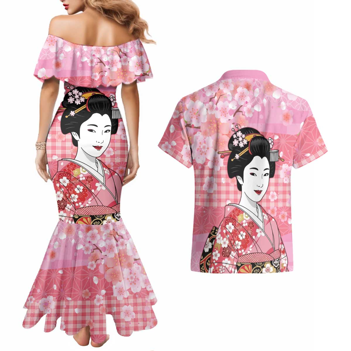 Japanese Geisha Cherry Blossom Couples Matching Mermaid Dress and Hawaiian Shirt Pink Palaka Hawaii Pattern Fusion Design