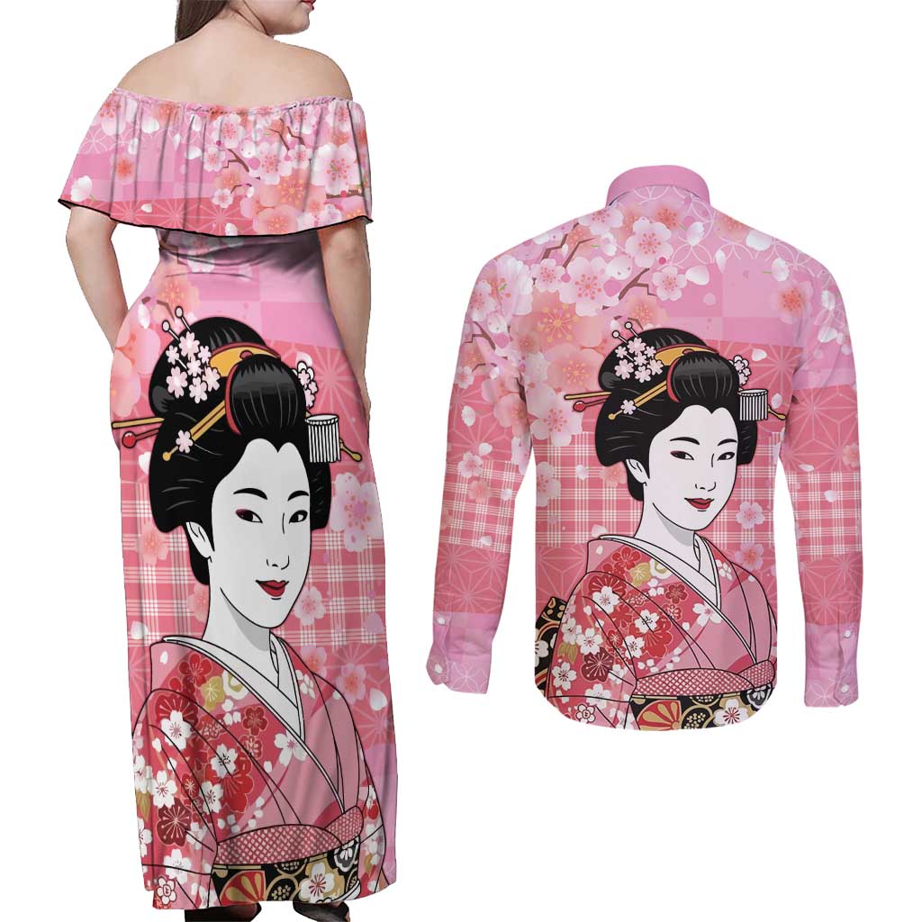 Japanese Geisha Cherry Blossom Couples Matching Off Shoulder Maxi Dress and Long Sleeve Button Shirt Pink Palaka Hawaii Pattern Fusion Design LT19 - Polynesian Pride