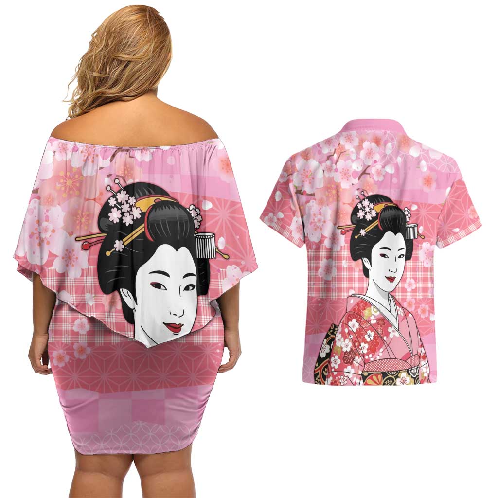 Japanese Geisha Cherry Blossom Couples Matching Off Shoulder Short Dress and Hawaiian Shirt Pink Palaka Hawaii Pattern Fusion Design LT19 - Polynesian Pride