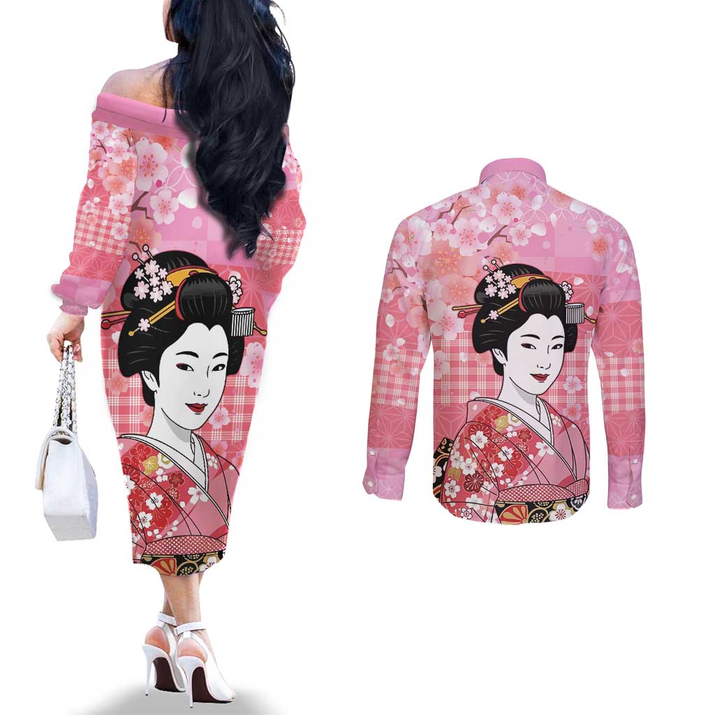 Japanese Geisha Cherry Blossom Couples Matching Off The Shoulder Long Sleeve Dress and Long Sleeve Button Shirt Pink Palaka Hawaii Pattern Fusion Design LT19 - Polynesian Pride