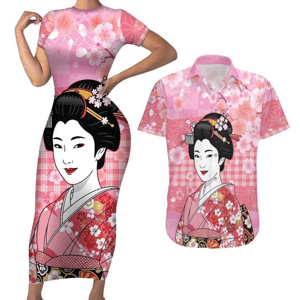 Japanese Geisha Cherry Blossom Couples Matching Short Sleeve Bodycon Dress and Hawaiian Shirt Pink Palaka Hawaii Pattern Fusion Design
