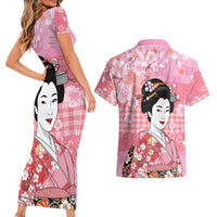 Japanese Geisha Cherry Blossom Couples Matching Short Sleeve Bodycon Dress and Hawaiian Shirt Pink Palaka Hawaii Pattern Fusion Design
