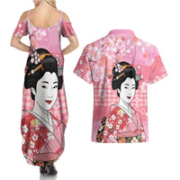 Japanese Geisha Cherry Blossom Couples Matching Summer Maxi Dress and Hawaiian Shirt Pink Palaka Hawaii Pattern Fusion Design LT19 - Polynesian Pride