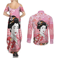 Japanese Geisha Cherry Blossom Couples Matching Summer Maxi Dress and Long Sleeve Button Shirt Pink Palaka Hawaii Pattern Fusion Design LT19 - Polynesian Pride