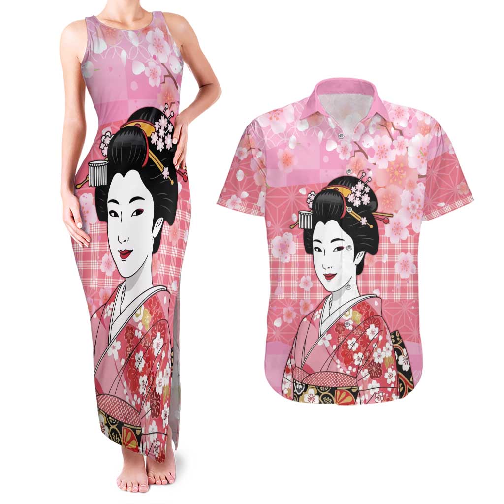 Japanese Geisha Cherry Blossom Couples Matching Tank Maxi Dress and Hawaiian Shirt Pink Palaka Hawaii Pattern Fusion Design