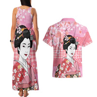 Japanese Geisha Cherry Blossom Couples Matching Tank Maxi Dress and Hawaiian Shirt Pink Palaka Hawaii Pattern Fusion Design