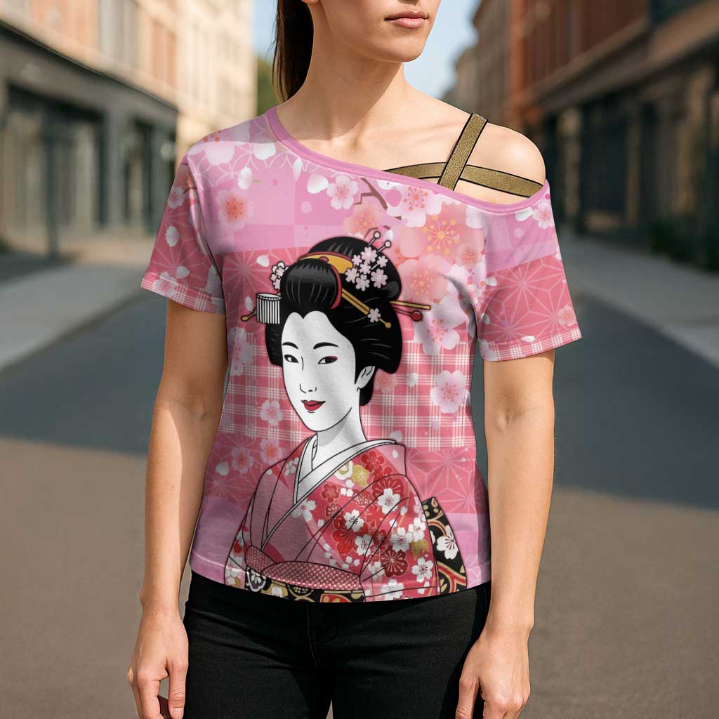 Japanese Geisha Cherry Blossom Cross Shoulder Shirt Pink Palaka Hawaii Pattern Fusion Design