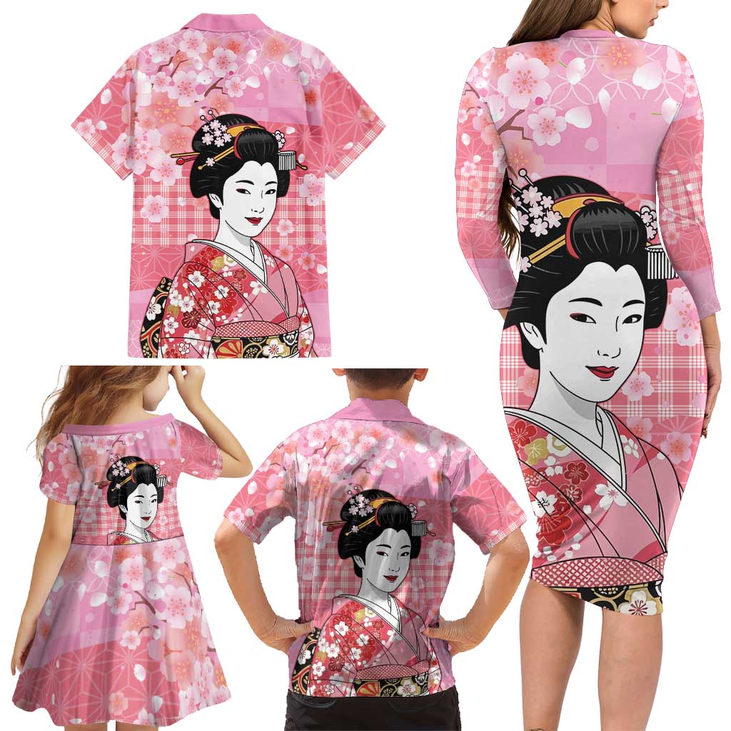 Japanese Geisha Cherry Blossom Family Matching Long Sleeve Bodycon Dress and Hawaiian Shirt Pink Palaka Hawaii Pattern Fusion Design LT19 - Polynesian Pride