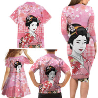 Japanese Geisha Cherry Blossom Family Matching Long Sleeve Bodycon Dress and Hawaiian Shirt Pink Palaka Hawaii Pattern Fusion Design LT19 - Polynesian Pride
