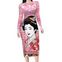 Japanese Geisha Cherry Blossom Family Matching Long Sleeve Bodycon Dress and Hawaiian Shirt Pink Palaka Hawaii Pattern Fusion Design LT19 Mom's Dress Pink - Polynesian Pride