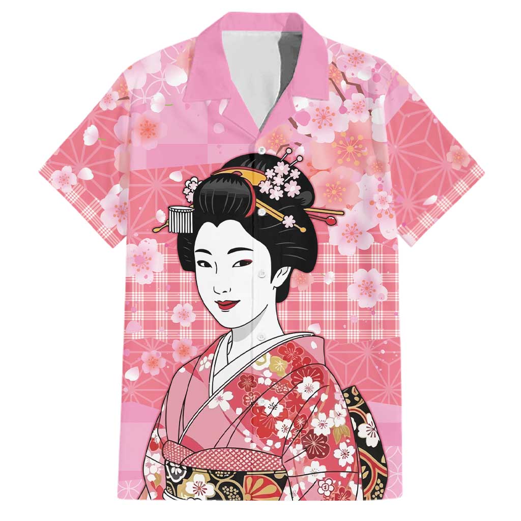 Japanese Geisha Cherry Blossom Family Matching Mermaid Dress and Hawaiian Shirt Pink Palaka Hawaii Pattern Fusion Design LT19 Dad's Shirt - Short Sleeve Pink - Polynesian Pride