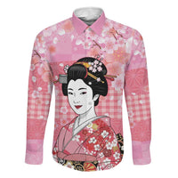 Japanese Geisha Cherry Blossom Family Matching Mermaid Dress and Hawaiian Shirt Pink Palaka Hawaii Pattern Fusion Design LT19 Dad's Shirt - Long Sleeve Pink - Polynesian Pride