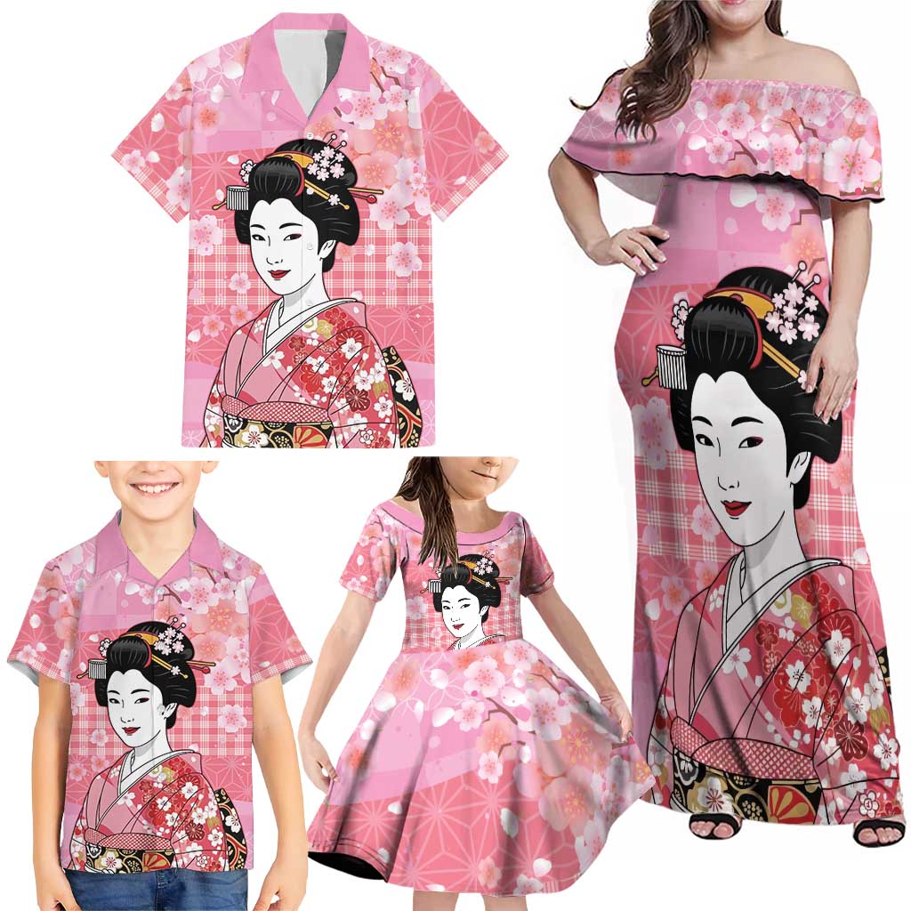 Japanese Geisha Cherry Blossom Family Matching Off Shoulder Maxi Dress and Hawaiian Shirt Pink Palaka Hawaii Pattern Fusion Design LT19 - Polynesian Pride