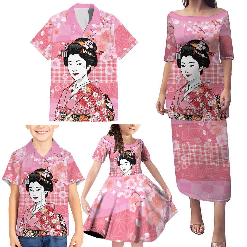 Japanese Geisha Cherry Blossom Family Matching Puletasi and Hawaiian Shirt Pink Palaka Hawaii Pattern Fusion Design