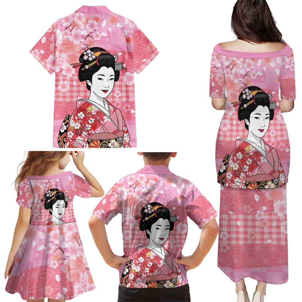 Japanese Geisha Cherry Blossom Family Matching Puletasi and Hawaiian Shirt Pink Palaka Hawaii Pattern Fusion Design