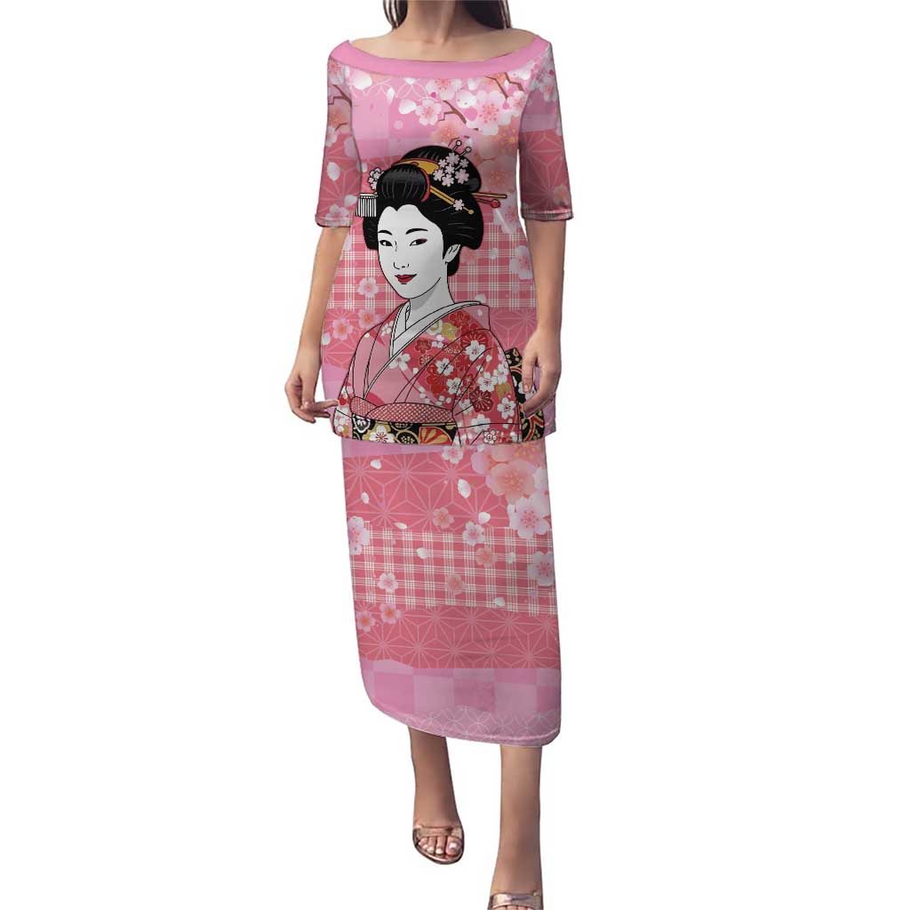 Japanese Geisha Cherry Blossom Family Matching Puletasi and Hawaiian Shirt Pink Palaka Hawaii Pattern Fusion Design