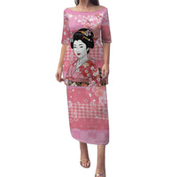 Japanese Geisha Cherry Blossom Family Matching Puletasi and Hawaiian Shirt Pink Palaka Hawaii Pattern Fusion Design