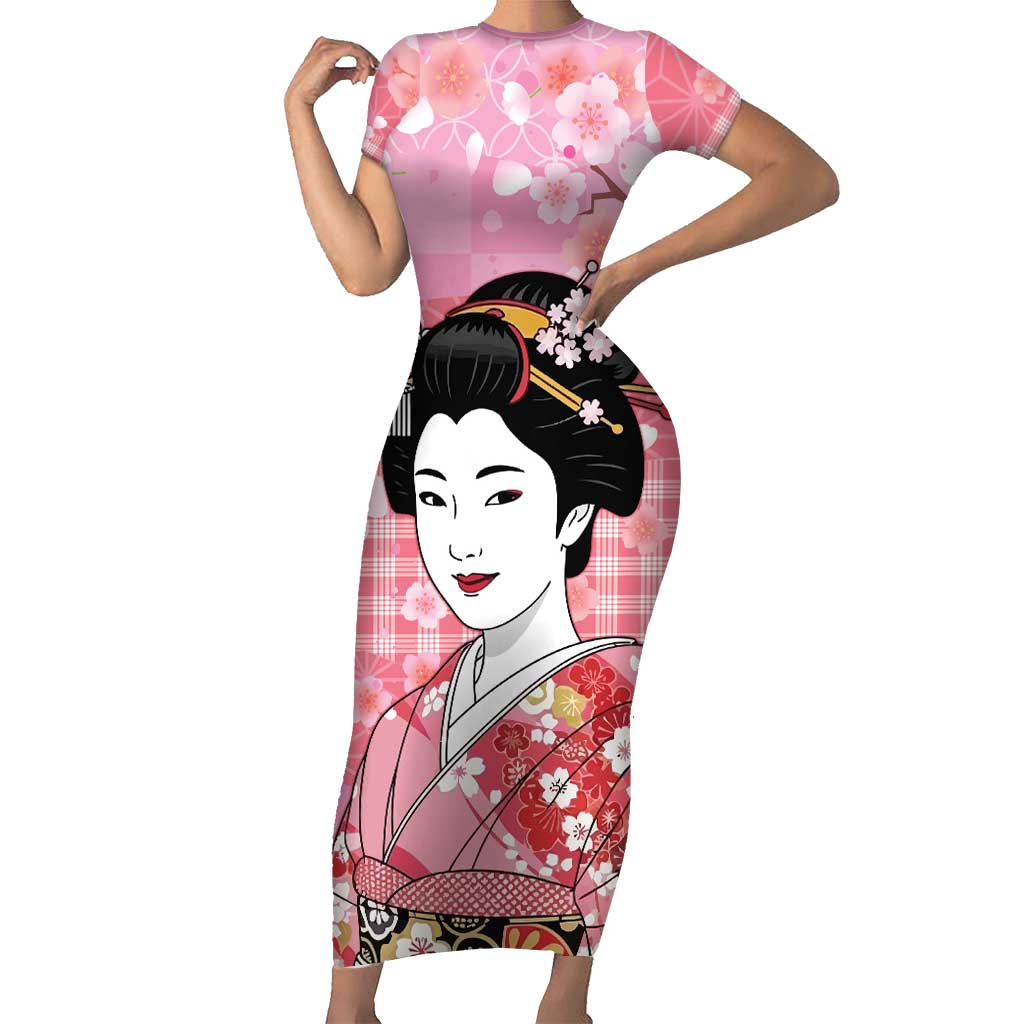 Japanese Geisha Cherry Blossom Family Matching Short Sleeve Bodycon Dress and Hawaiian Shirt Pink Palaka Hawaii Pattern Fusion Design LT19 Mom's Dress Pink - Polynesian Pride