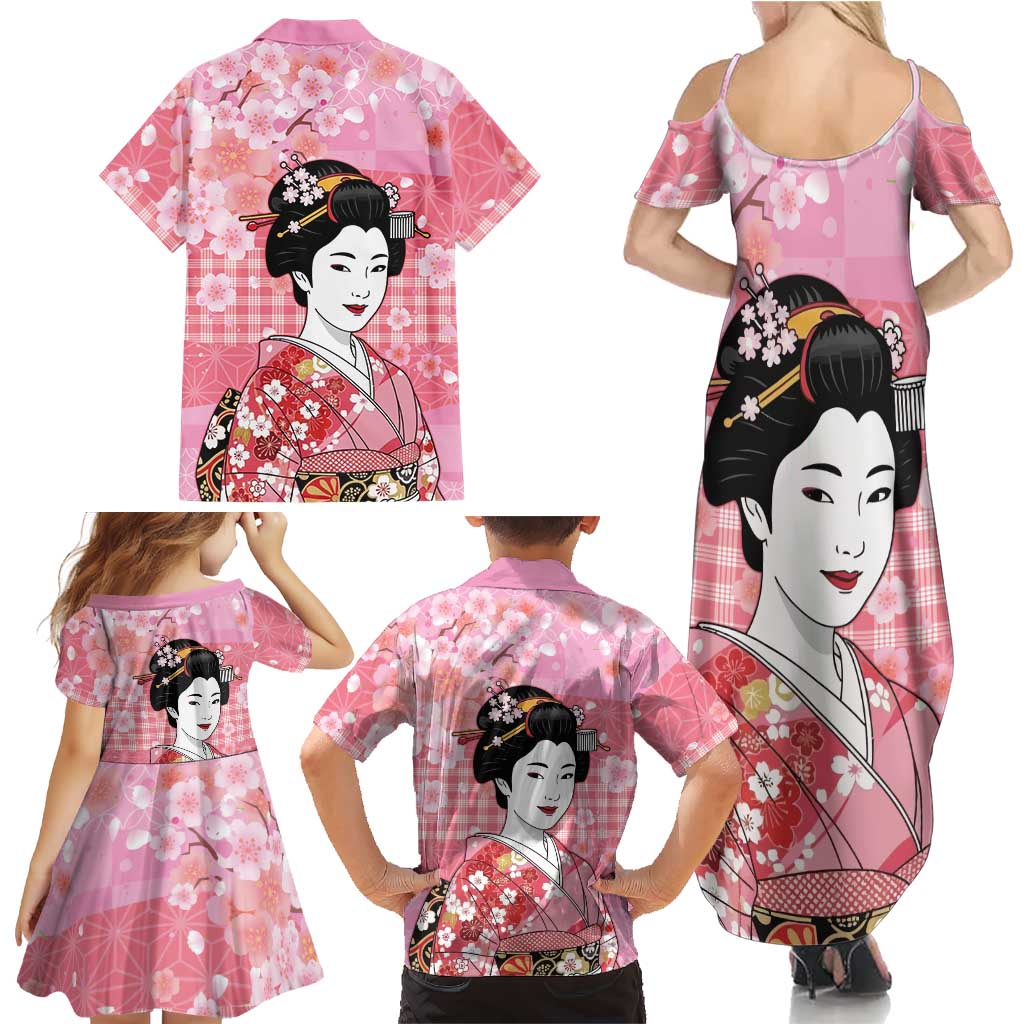 Japanese Geisha Cherry Blossom Family Matching Summer Maxi Dress and Hawaiian Shirt Pink Palaka Hawaii Pattern Fusion Design LT19 - Polynesian Pride