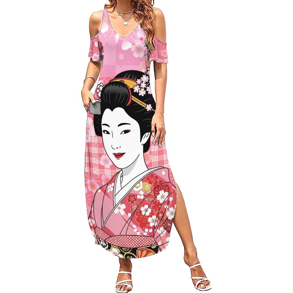 Japanese Geisha Cherry Blossom Family Matching Summer Maxi Dress and Hawaiian Shirt Pink Palaka Hawaii Pattern Fusion Design LT19 Mom's Dress Pink - Polynesian Pride