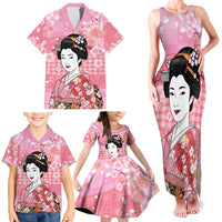 Japanese Geisha Cherry Blossom Family Matching Tank Maxi Dress and Hawaiian Shirt Pink Palaka Hawaii Pattern Fusion Design LT19 - Polynesian Pride