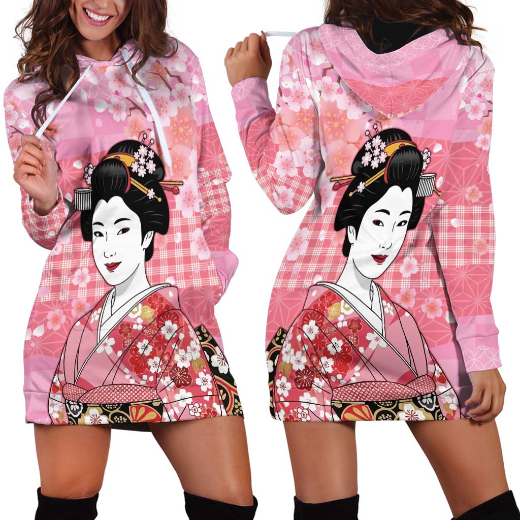 Japanese Geisha Cherry Blossom Hoodie Dress Pink Palaka Hawaii Pattern Fusion Design LT19 - Polynesian Pride