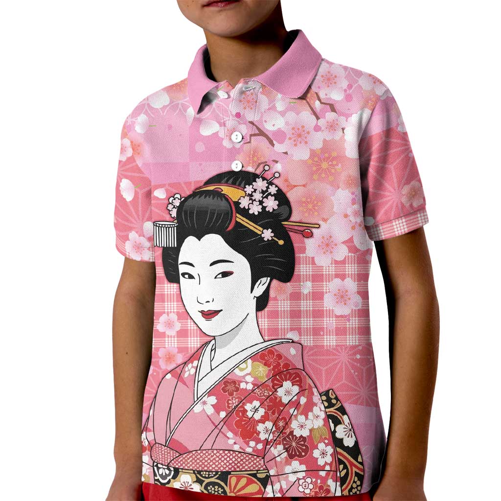 Japanese Geisha Cherry Blossom Kid Polo Shirt Pink Palaka Hawaii Pattern Fusion Design LT19 Kid Pink - Polynesian Pride