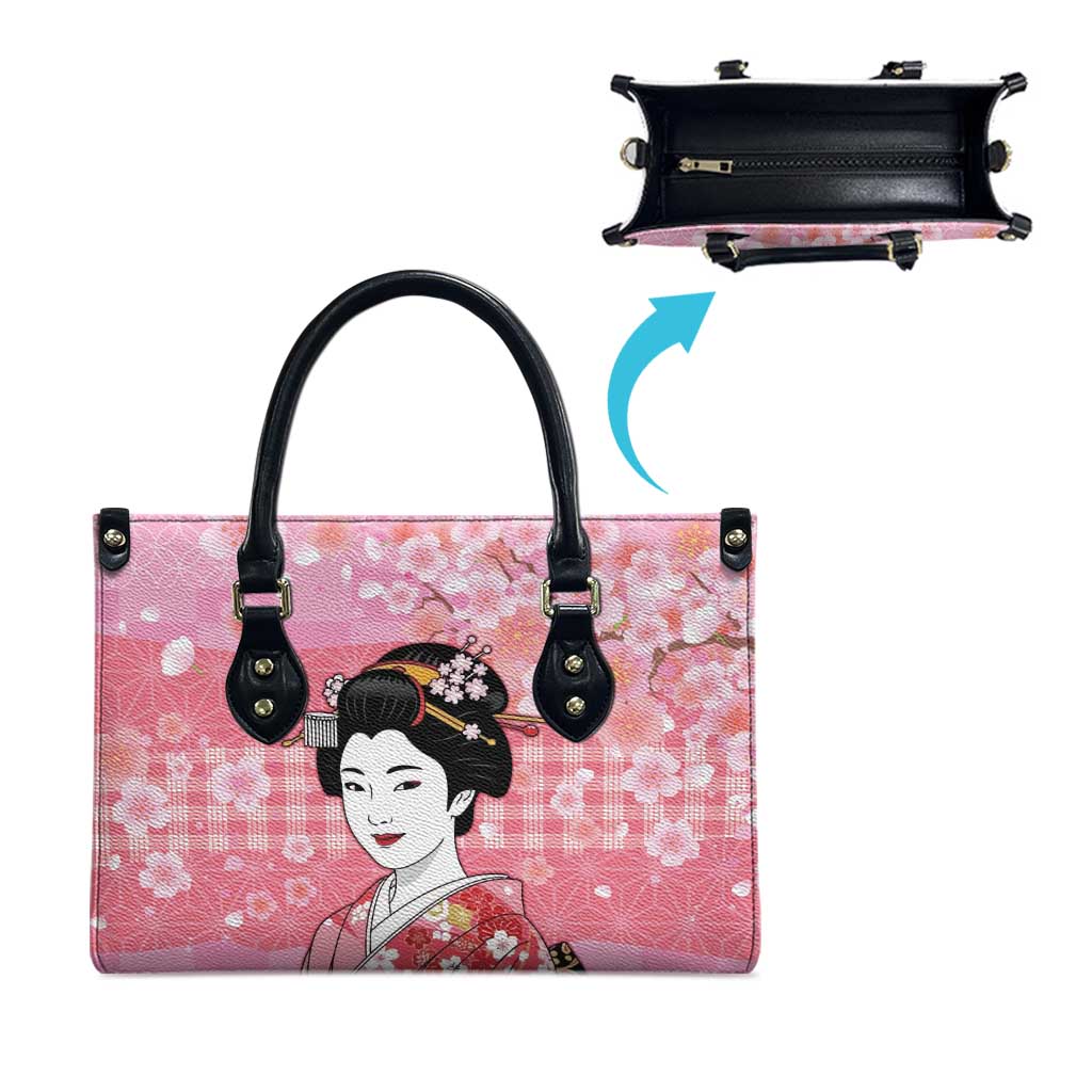 Japanese Geisha Cherry Blossom Leather Bag Pink Palaka Hawaii Pattern Fusion Design LT19 - Polynesian Pride