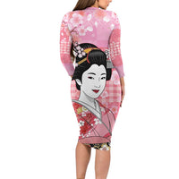 Japanese Geisha Cherry Blossom Long Sleeve Bodycon Dress Pink Palaka Hawaii Pattern Fusion Design LT19 - Polynesian Pride
