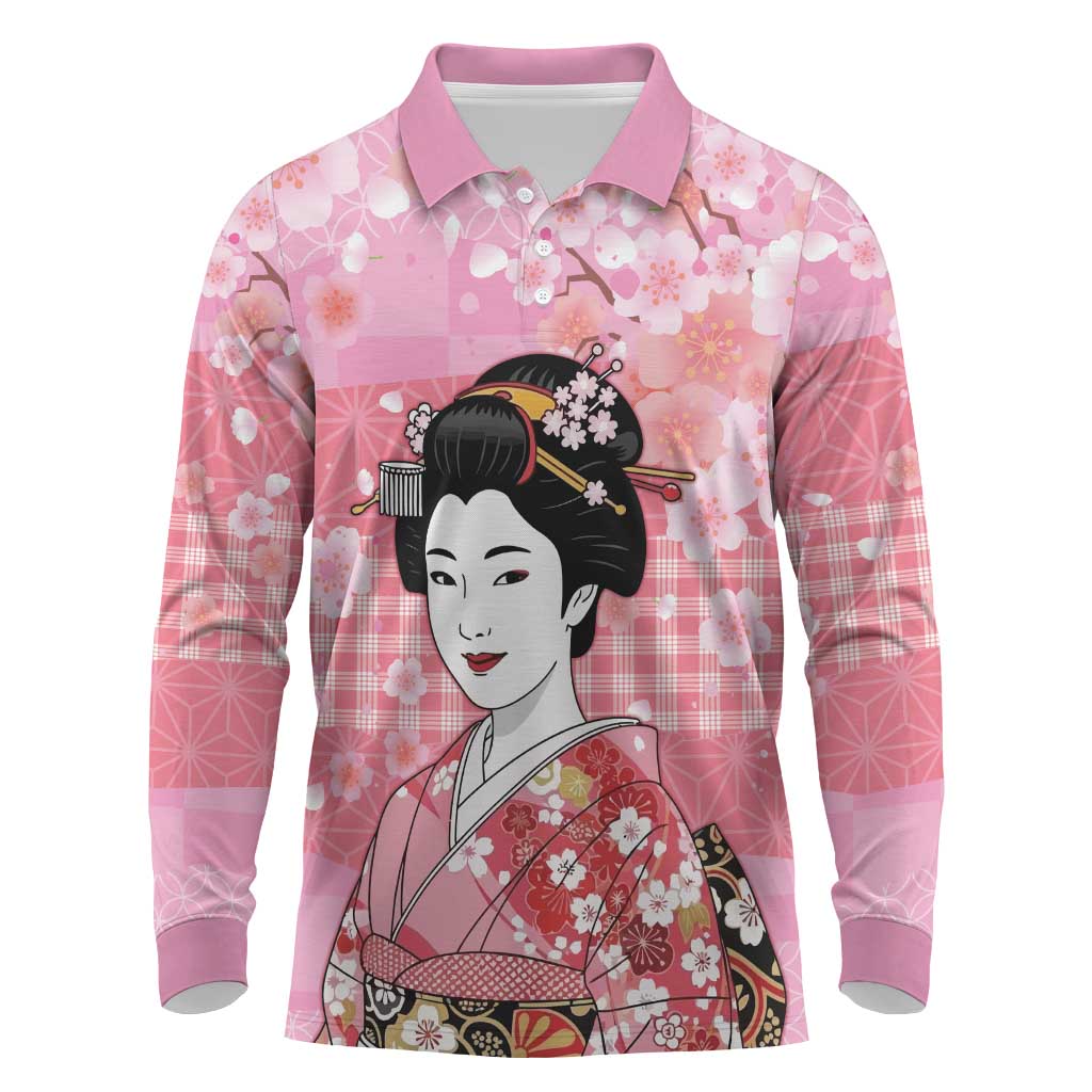 Japanese Geisha Cherry Blossom Long Sleeve Polo Shirt Pink Palaka Hawaii Pattern Fusion Design LT19 Pink - Polynesian Pride