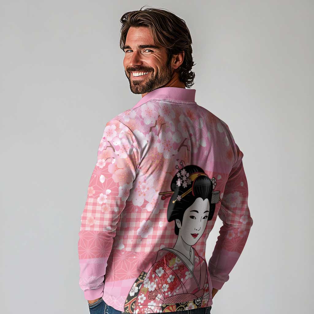 Japanese Geisha Cherry Blossom Long Sleeve Polo Shirt Pink Palaka Hawaii Pattern Fusion Design LT19 - Polynesian Pride
