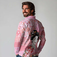 Japanese Geisha Cherry Blossom Long Sleeve Polo Shirt Pink Palaka Hawaii Pattern Fusion Design LT19 - Polynesian Pride