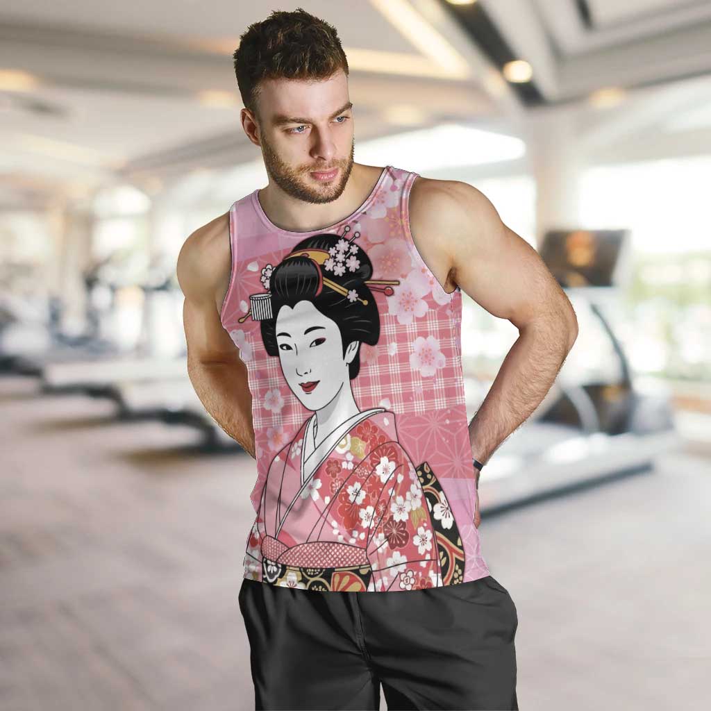 Japanese Geisha Cherry Blossom Men Tank Top Pink Palaka Hawaii Pattern Fusion Design LT19 Pink - Polynesian Pride