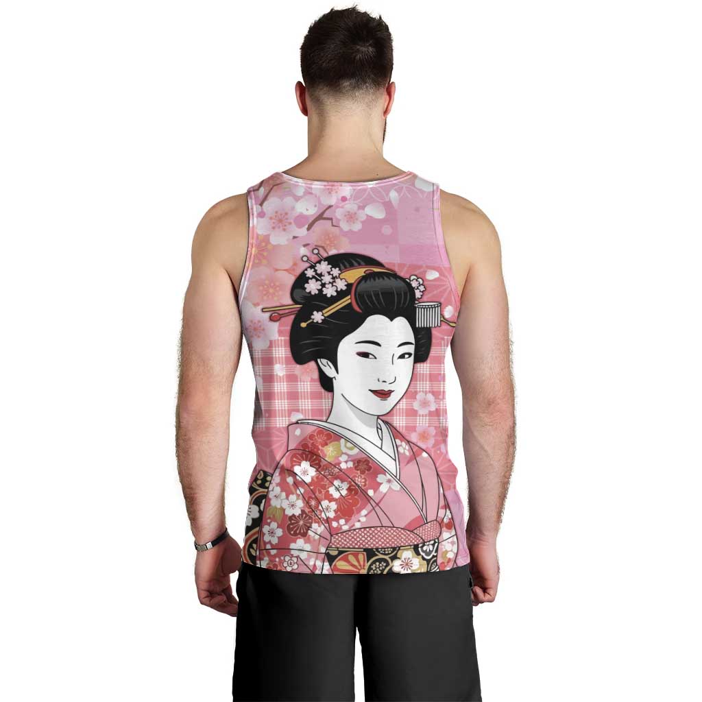 Japanese Geisha Cherry Blossom Men Tank Top Pink Palaka Hawaii Pattern Fusion Design LT19 - Polynesian Pride