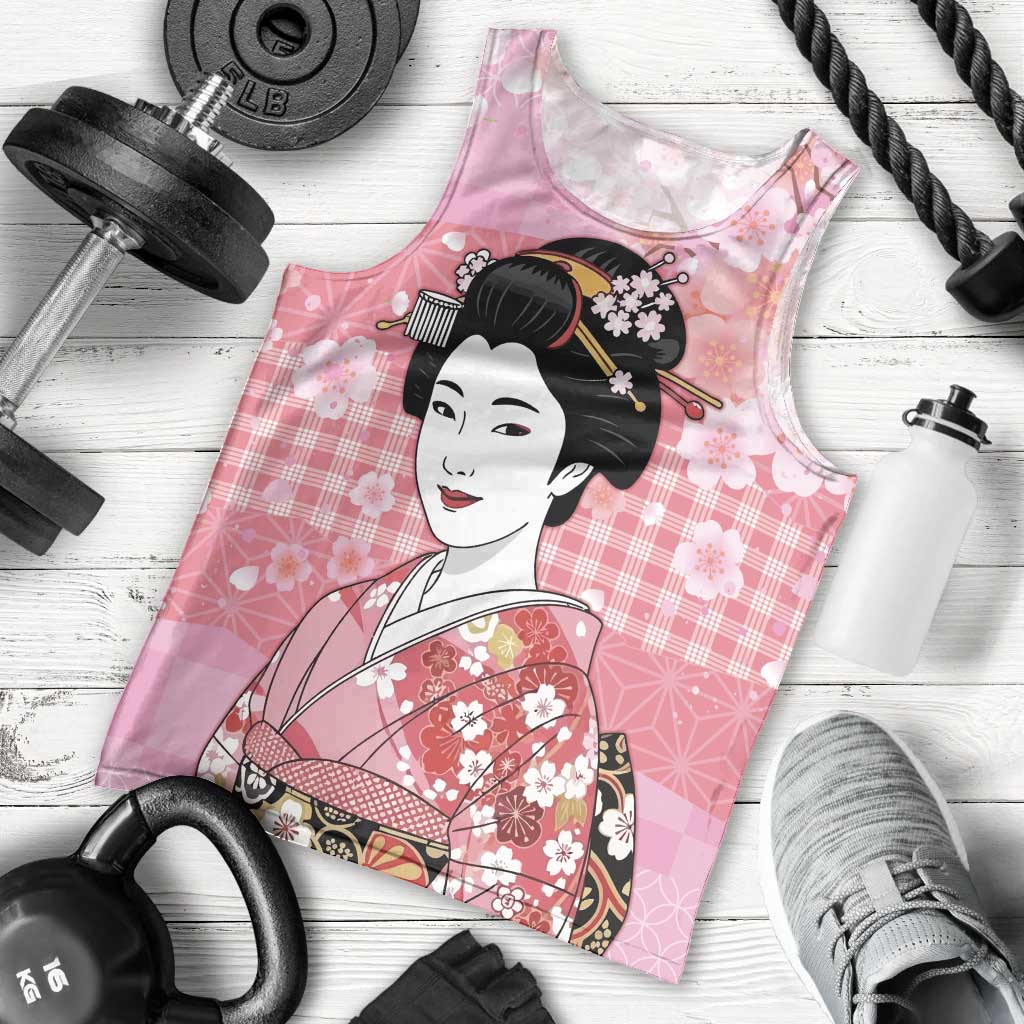 Japanese Geisha Cherry Blossom Men Tank Top Pink Palaka Hawaii Pattern Fusion Design LT19 - Polynesian Pride