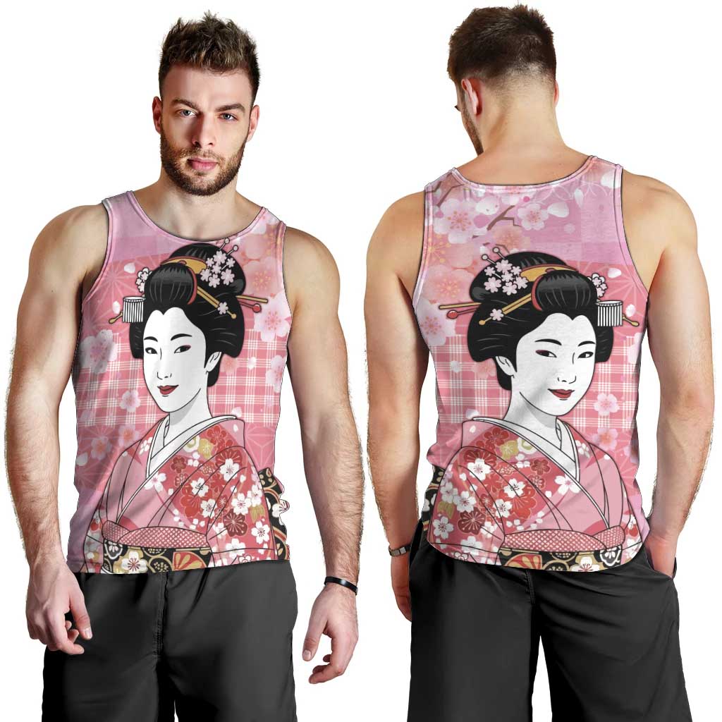 Japanese Geisha Cherry Blossom Men Tank Top Pink Palaka Hawaii Pattern Fusion Design LT19 - Polynesian Pride