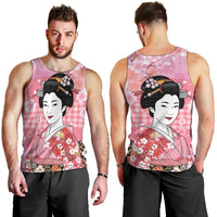 Japanese Geisha Cherry Blossom Men Tank Top Pink Palaka Hawaii Pattern Fusion Design LT19 - Polynesian Pride