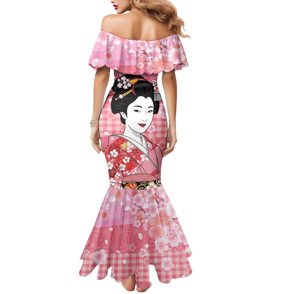 Japanese Geisha Cherry Blossom Mermaid Dress Pink Palaka Hawaii Pattern Fusion Design