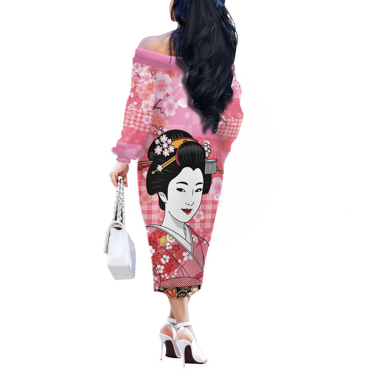Japanese Geisha Cherry Blossom Off The Shoulder Long Sleeve Dress Pink Palaka Hawaii Pattern Fusion Design LT19 - Polynesian Pride
