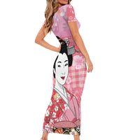 Japanese Geisha Cherry Blossom Short Sleeve Bodycon Dress Pink Palaka Hawaii Pattern Fusion Design LT19 - Polynesian Pride