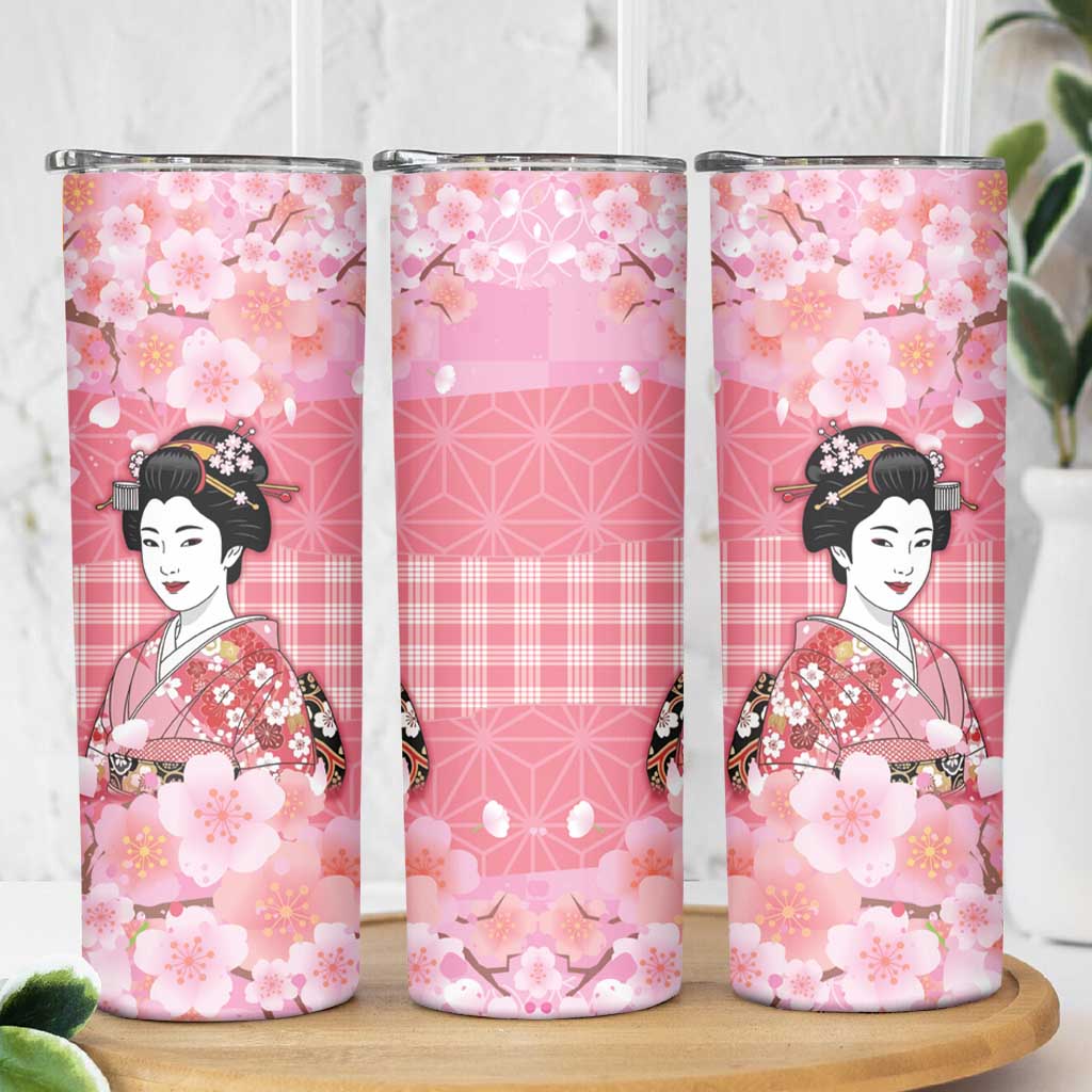 Japanese Geisha Cherry Blossom Skinny Tumbler Pink Palaka Hawaii Pattern Fusion Design LT19 - Polynesian Pride