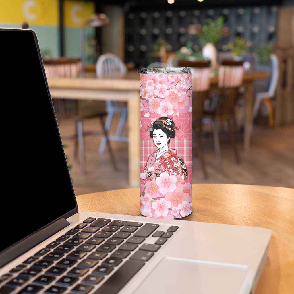 Japanese Geisha Cherry Blossom Skinny Tumbler Pink Palaka Hawaii Pattern Fusion Design LT19 - Polynesian Pride